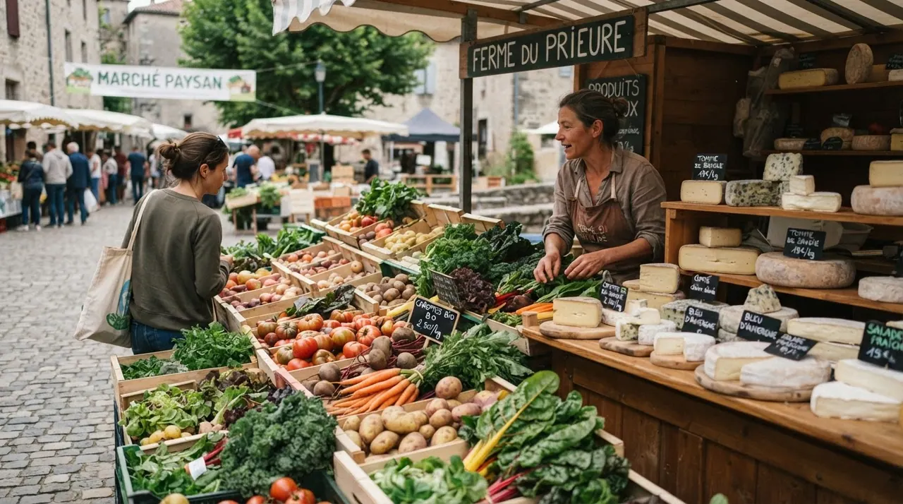 Un étal de marché fermier français proposant des légumes frais et du fromage.