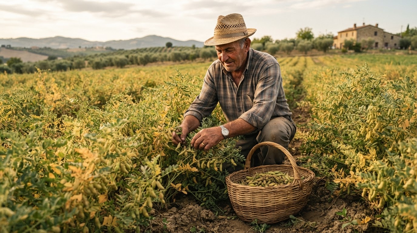 Agricoltore italiano che raccoglie legumi