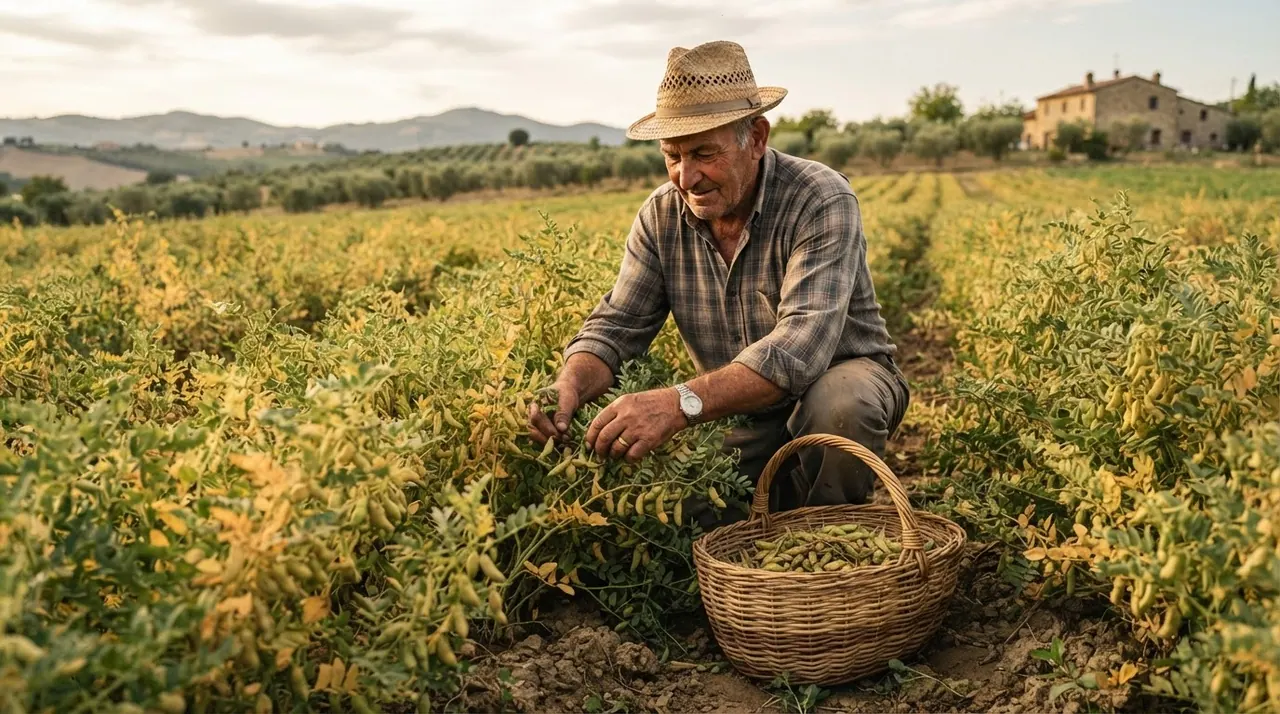 Agricoltore italiano che raccoglie legumi