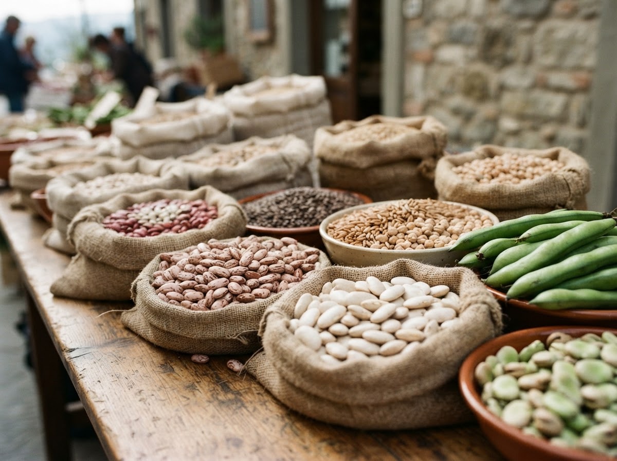 Una varietà di legumi italiani, pilastri di una cucina sostenibile e nutriente.