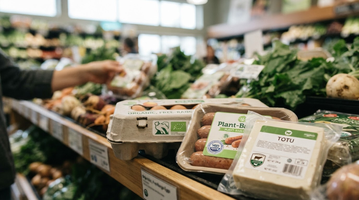 Various animal welfare certification labels displayed on food packaging.