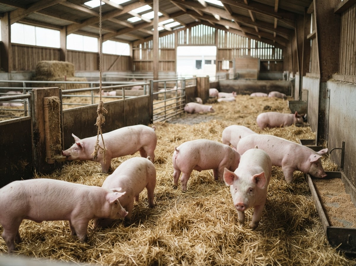 Enriched environments, like this barn with ample space and bedding, are often a hallmark of higher welfare farming systems.
