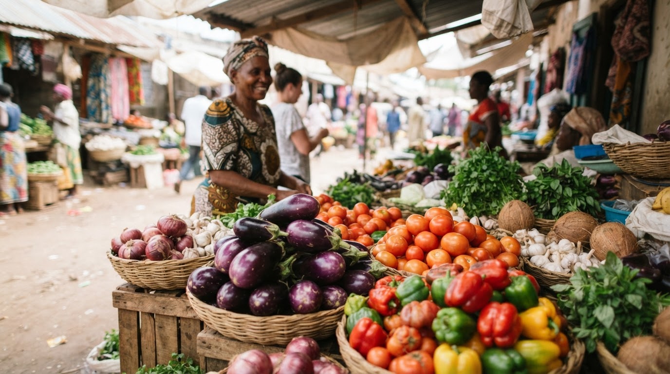 Mboga mbalimbali kama vile mbilingani, nyanya, na pilipili zinazouzwa katika soko la Afrika.