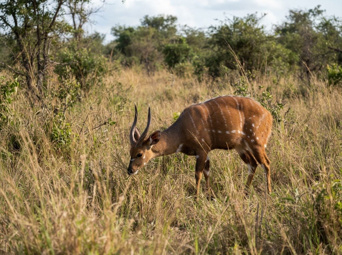 Akọ mààlúù igbó (bushbuck), ọ̀kan lára àwọn ẹ̀ranko tí ó ń dojú kọ ìdínkù.
