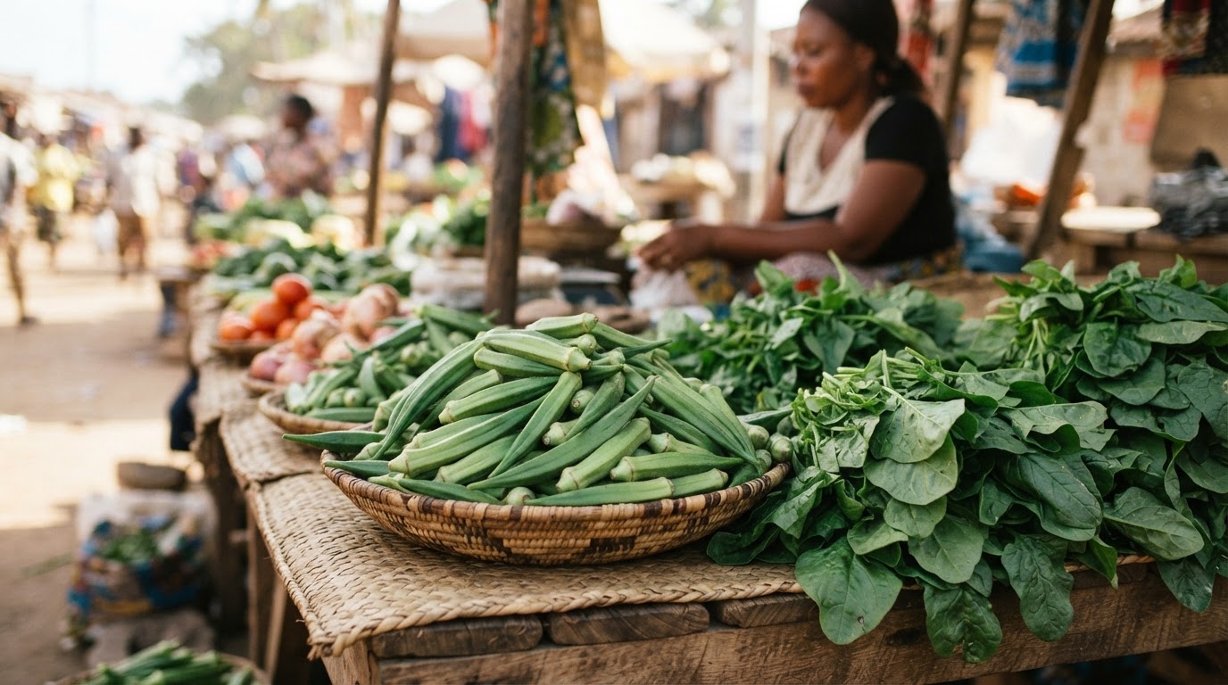 Bamia na spinachi ya Afrika, mboga muhimu kwa caponata ya kienyeji.