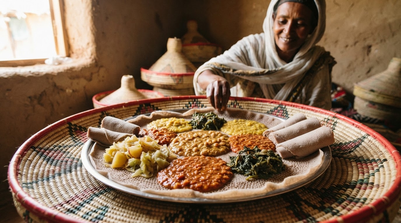 የተለያዩ የአማርኛ ባህላዊ ምግቦች የተሞላ ግብዣ ሲሆን ከእነዚህም መካከል እንጀራ፣ ሽሮ እና ምስር ይገኝበታል
