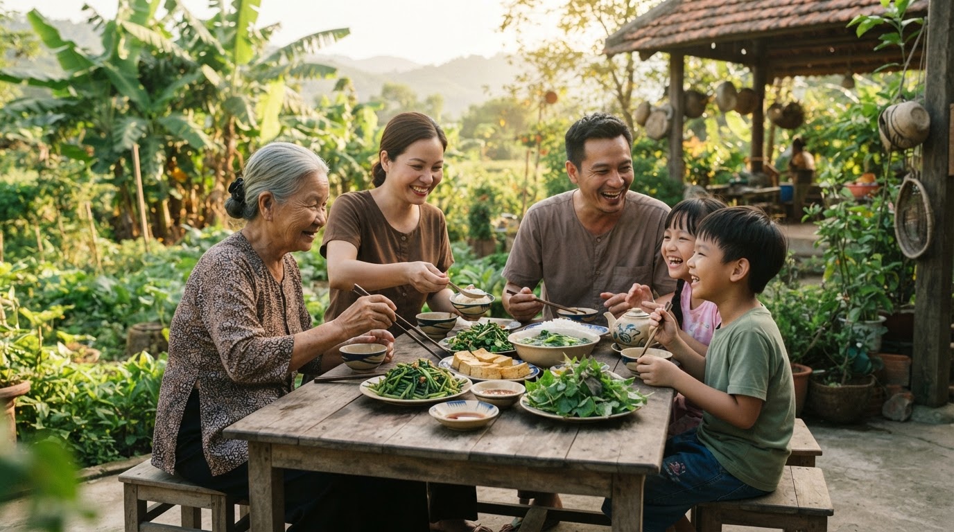 Gia đình Việt Nam quây quần thưởng thức bữa cơm chay ngoài trời.
