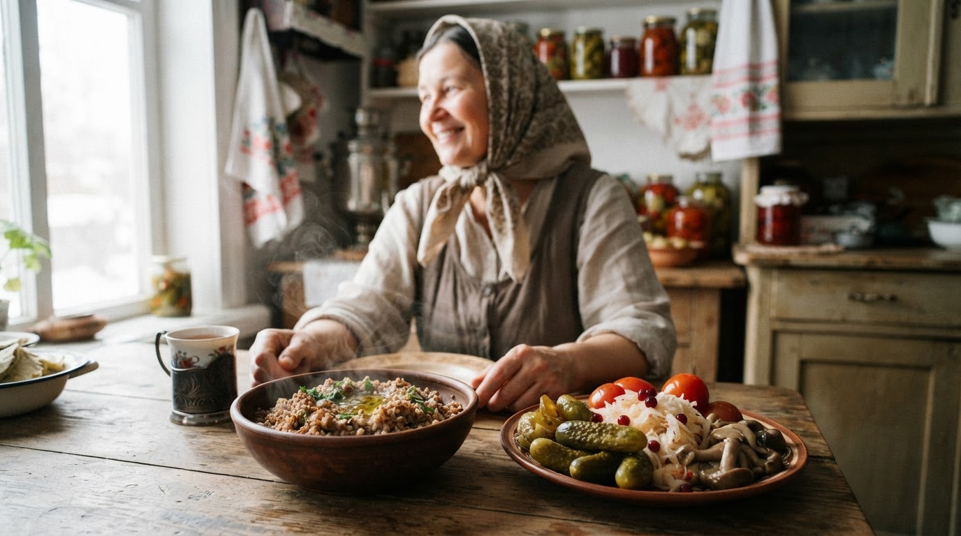 Традиционная русская кухня с гречневой кашей и соленьями