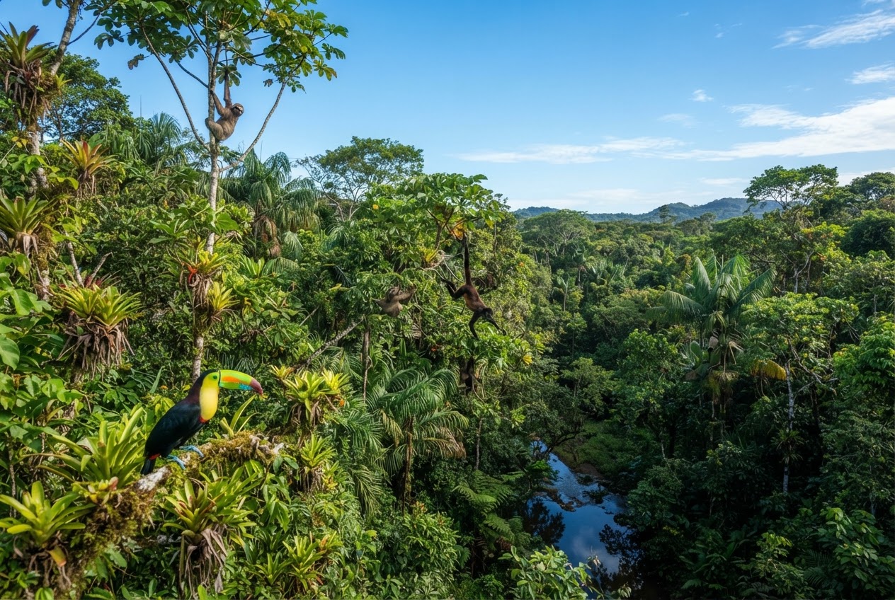 Hutan tropis yang rimbun dengan keanekaragaman hayati dan langit cerah, melambangkan ekologi yang sehat.