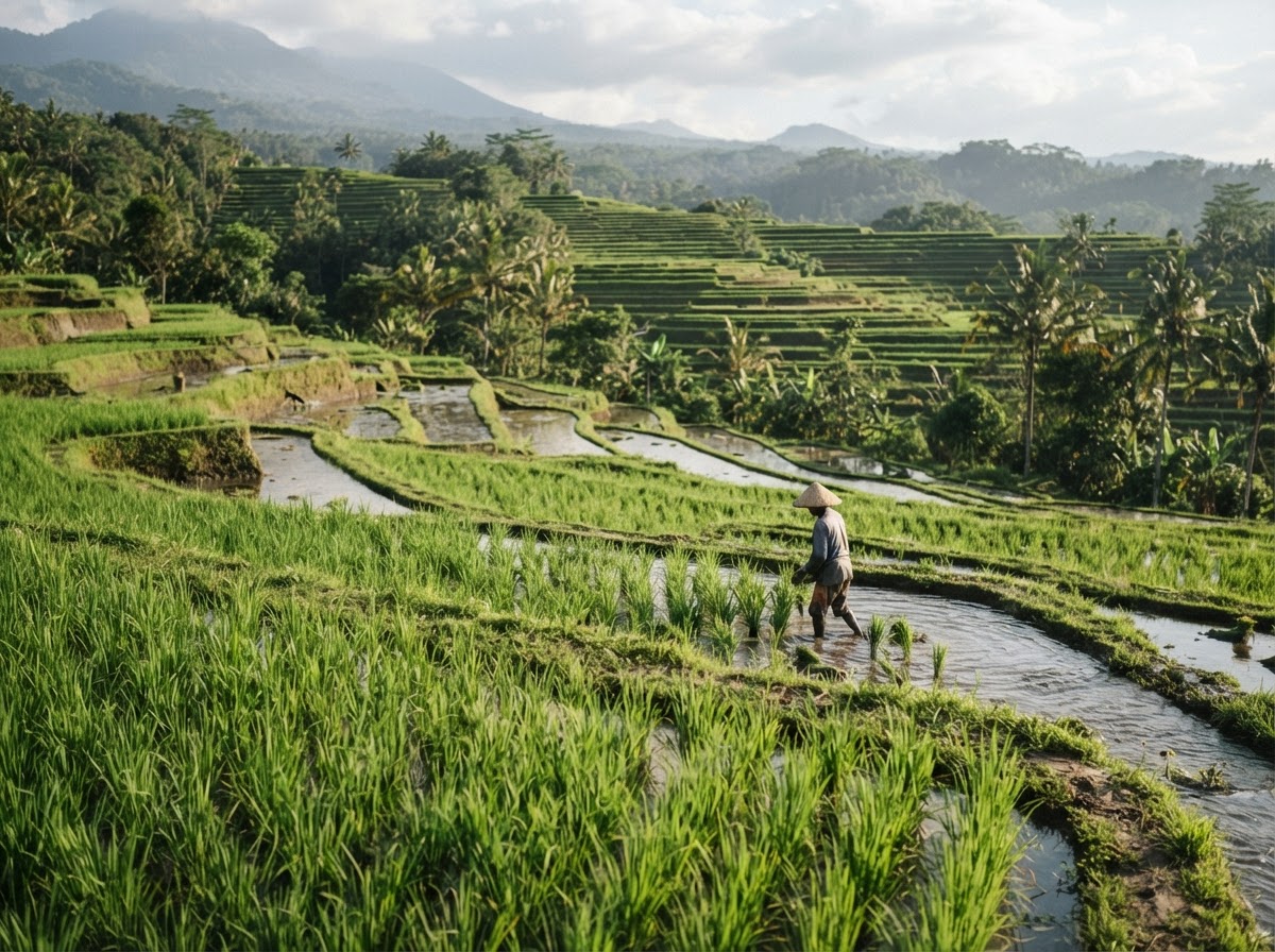 Sawah padi yang subur di Indonesia, menunjukkan penggunaan air yang relatif efisien untuk tanaman pangan pokok.