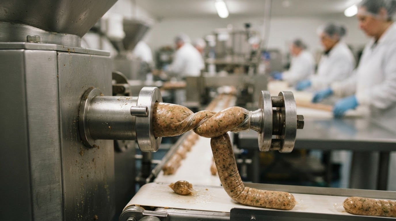 A close-up of a vegan sausage being produced by a food processing machine.