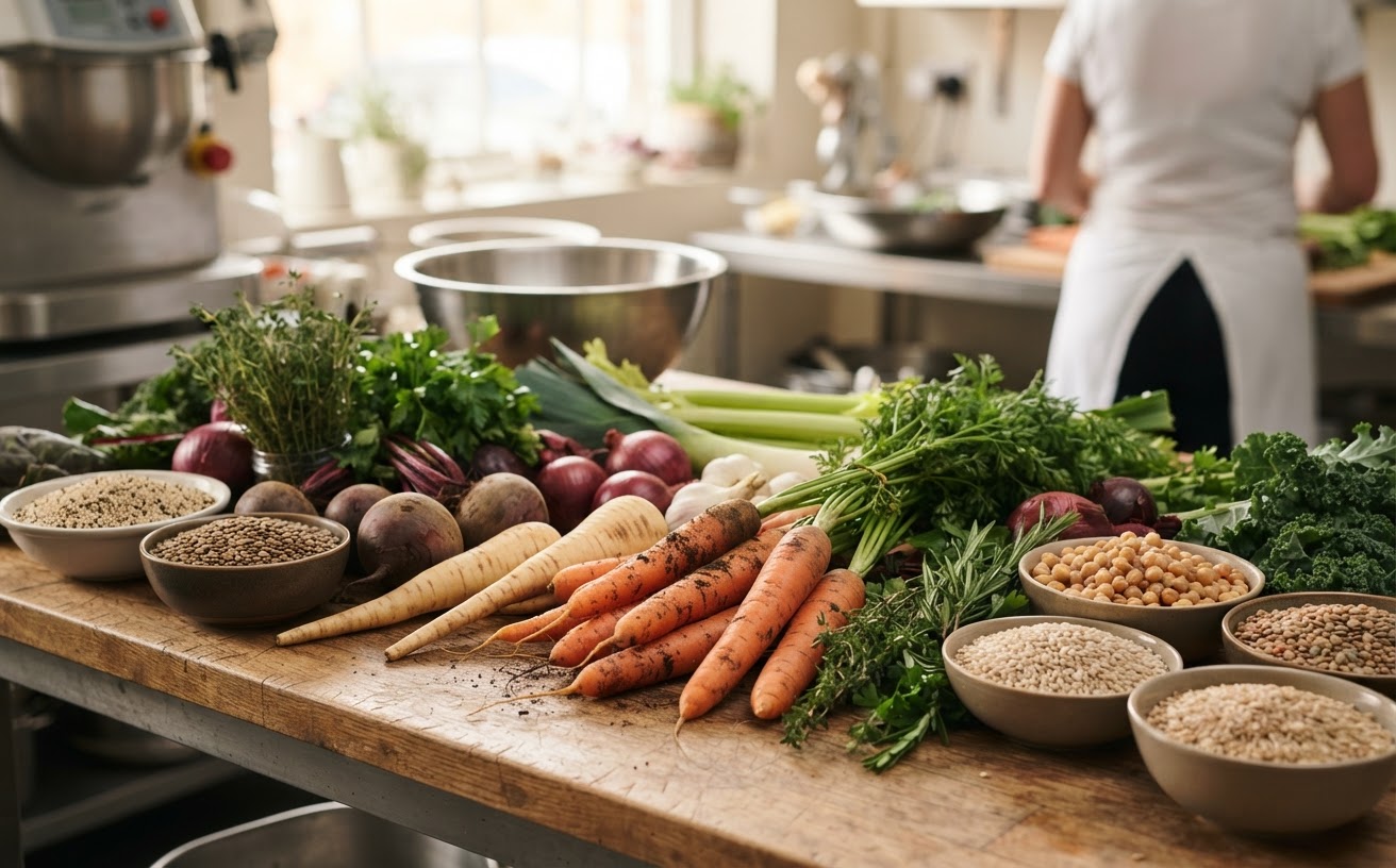 A diverse array of fresh vegetables and grains are essential for creating flavourful and nutritious vegan products.