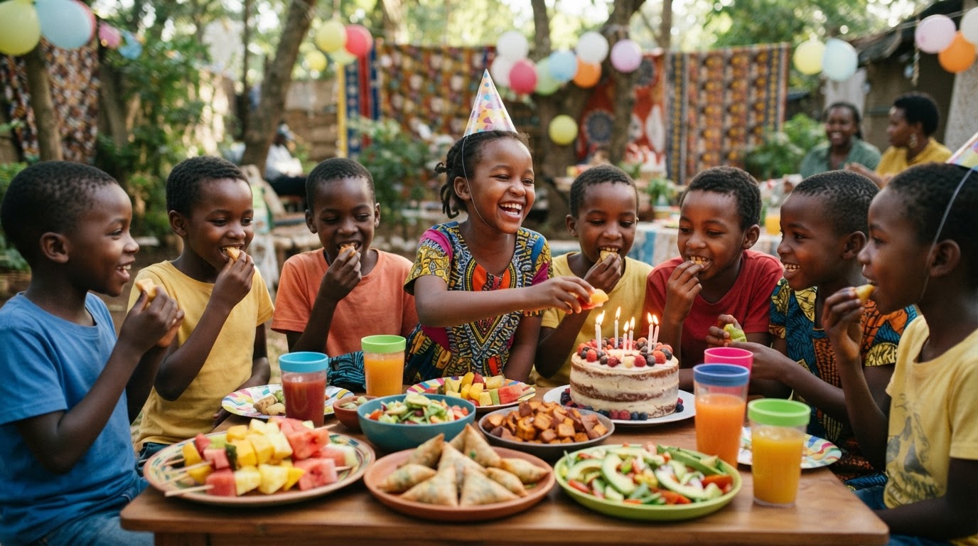 Watoto wakifurahia sherehe ya kuzaliwa na vyakula vya rangi
