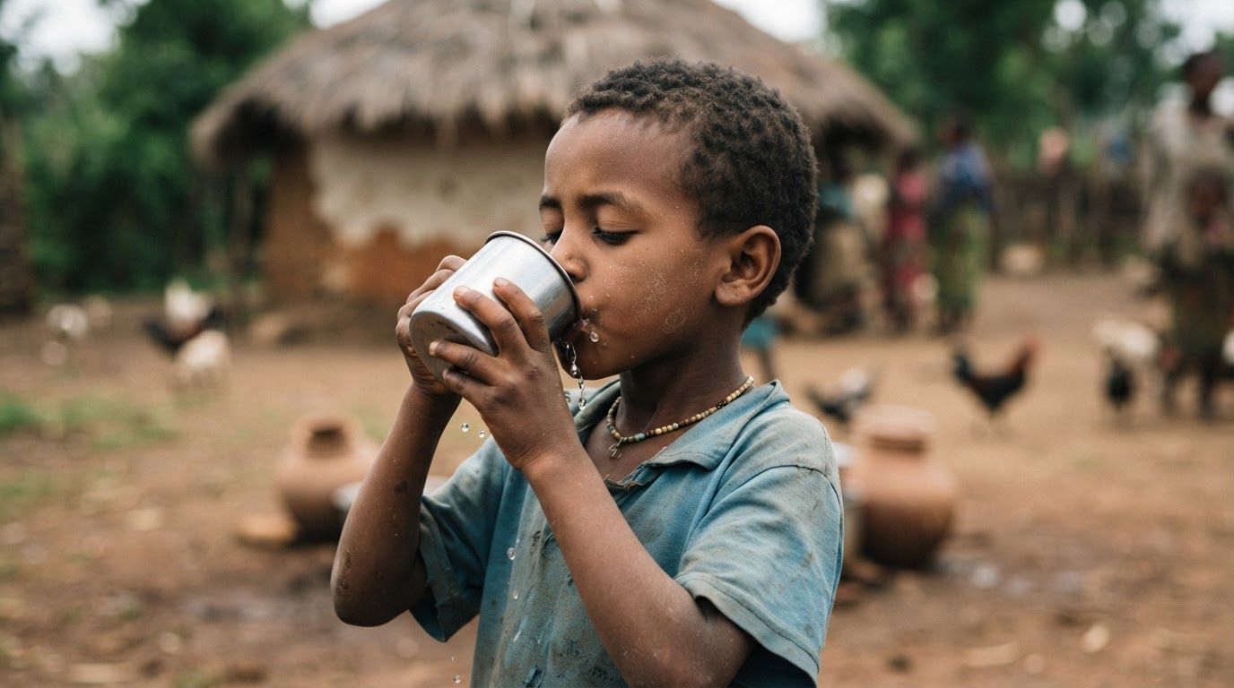 የኢትዮጵያ ልጅ ውሃ ሲጠጣ