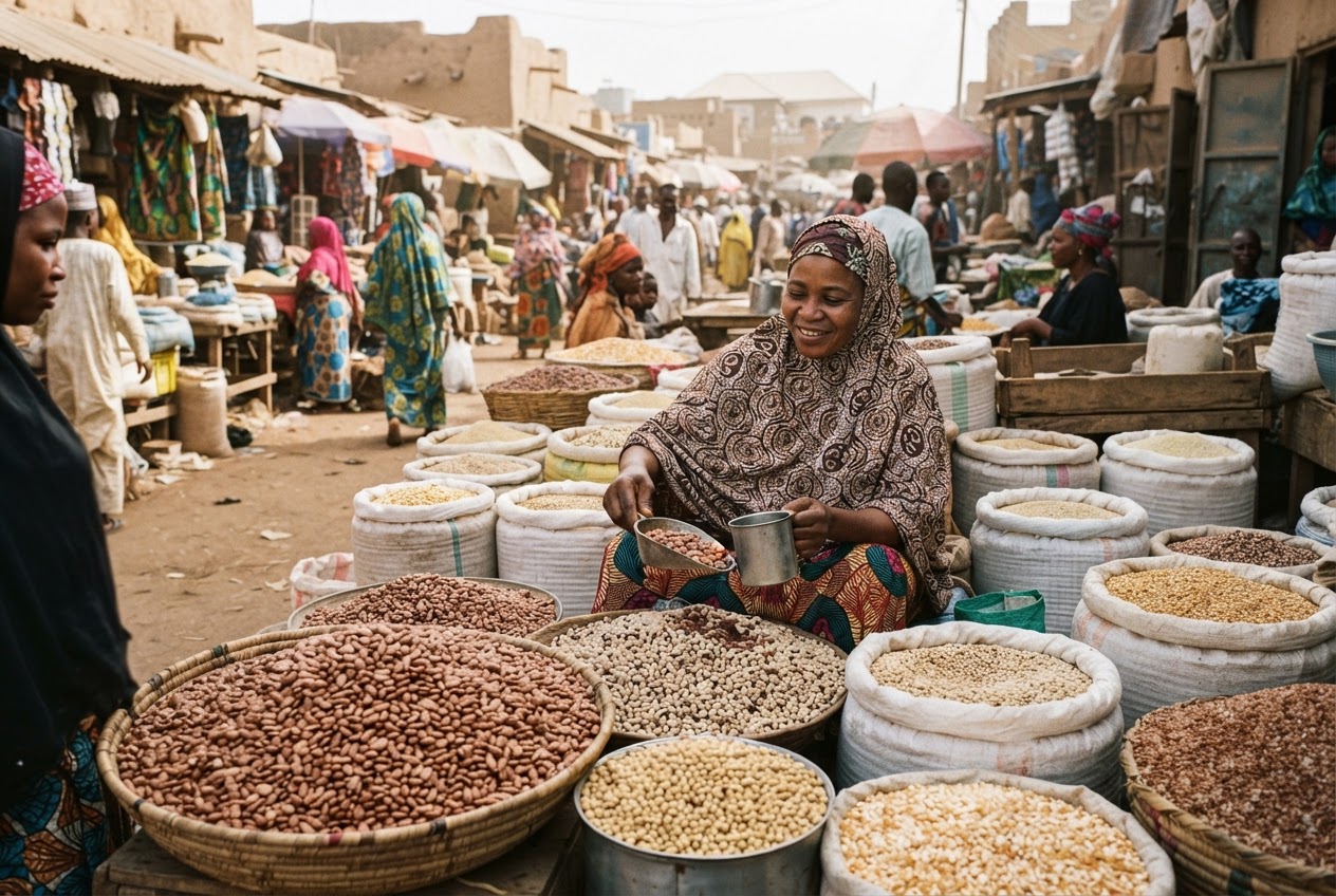 Kasuwancin hatsi da wake a wani gida a Kano, Najeriya, wanda ke nuna muhimmancin amfanin gona na gida.