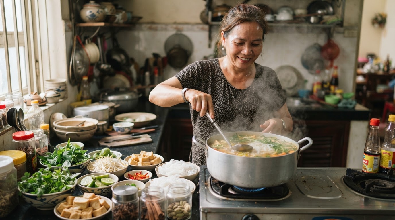 Một phụ nữ Việt Nam đang nấu món phở tại nhà bếp