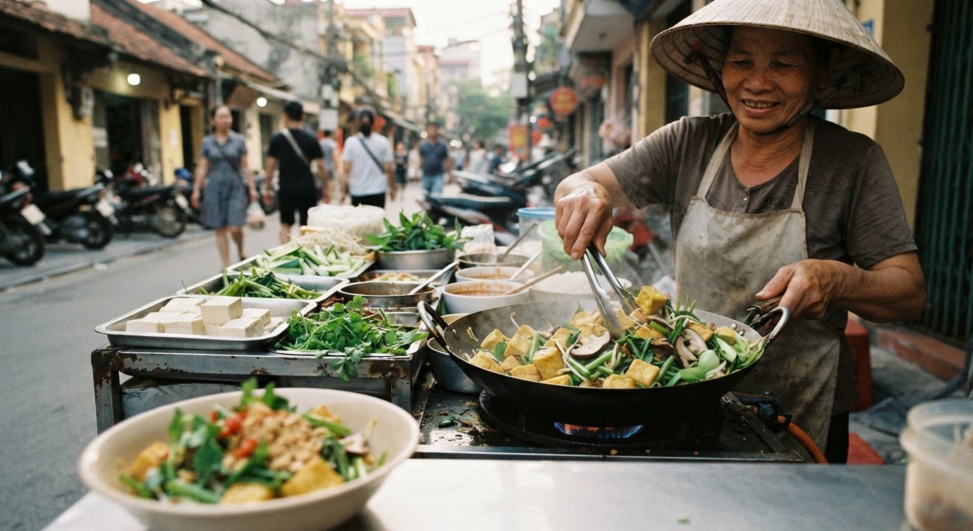 Các món ăn đường phố chay tại Việt Nam thường sử dụng đậu hũ, rau xanh và nấm, mang đến hương vị hấp dẫn.