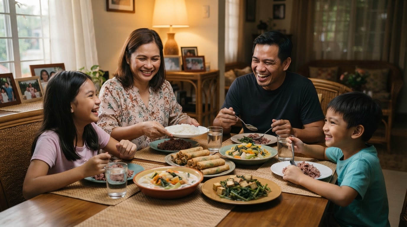 Isang masayang pamilyang Pilipino na naghahapunan ng masustansyang pagkain