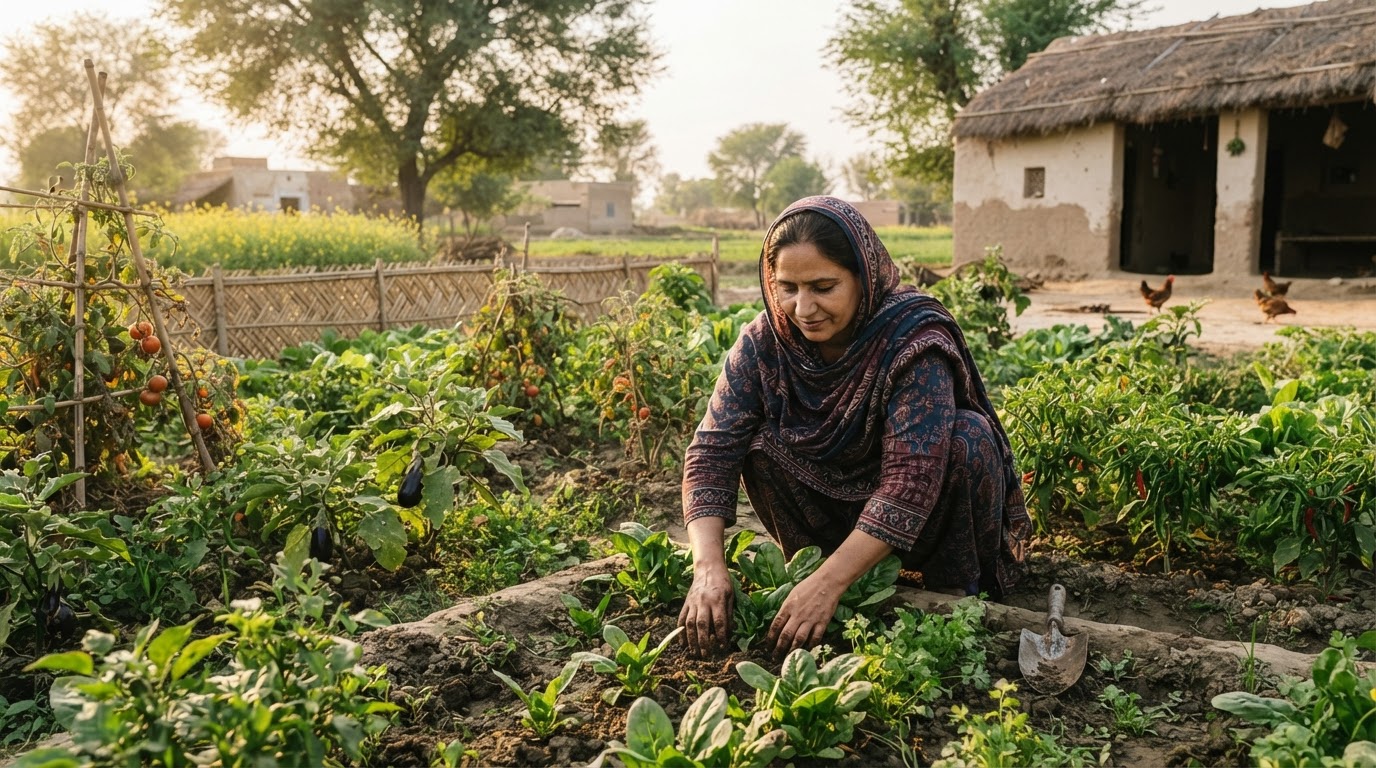 دیہی پاکستان میں ایک عورت سبزیوں کے باغ کی دیکھ بھال کر رہی ہے