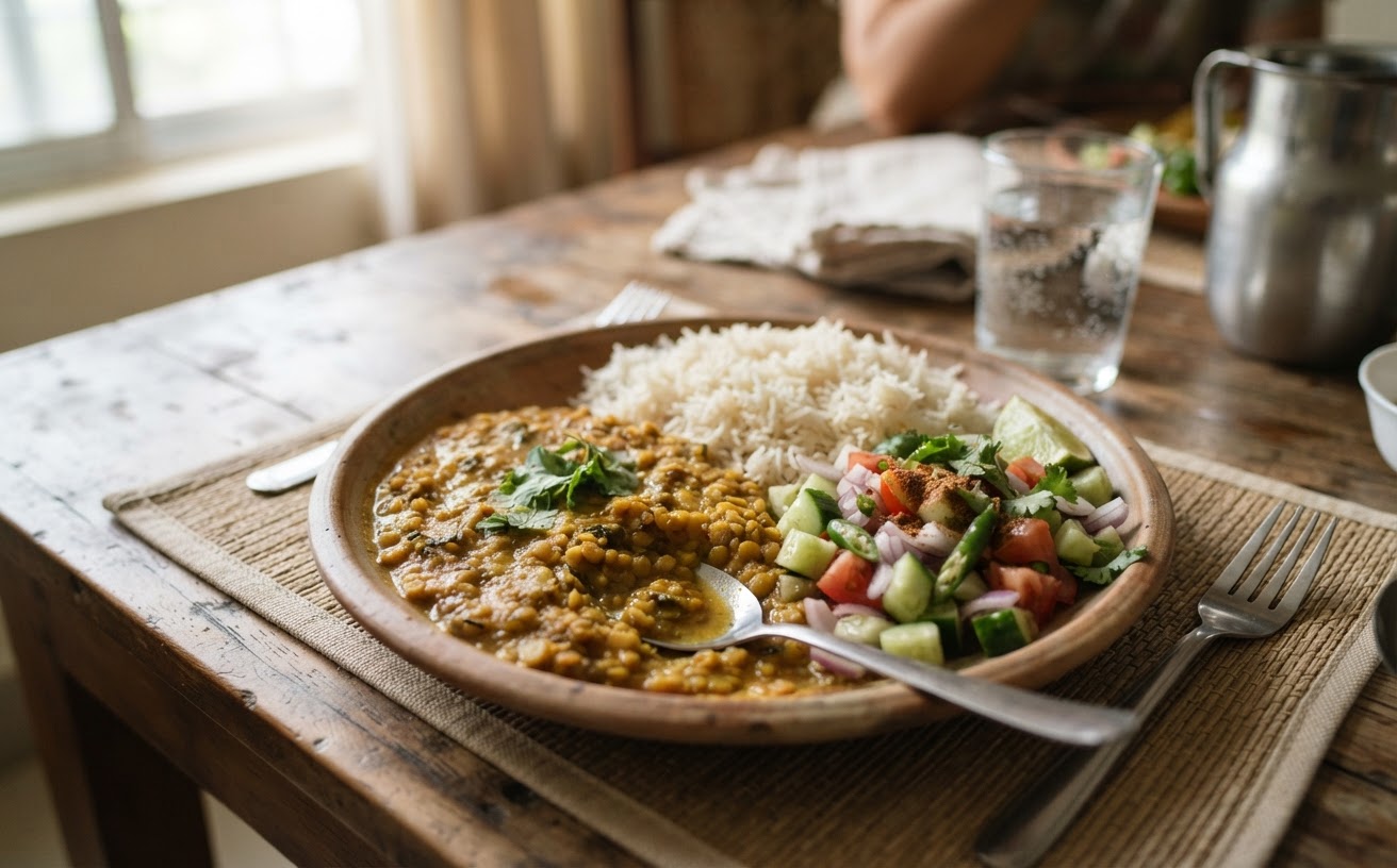 دال چاول اور سلاد پر مشتمل ایک صحت بخش سبزی خور غذا۔