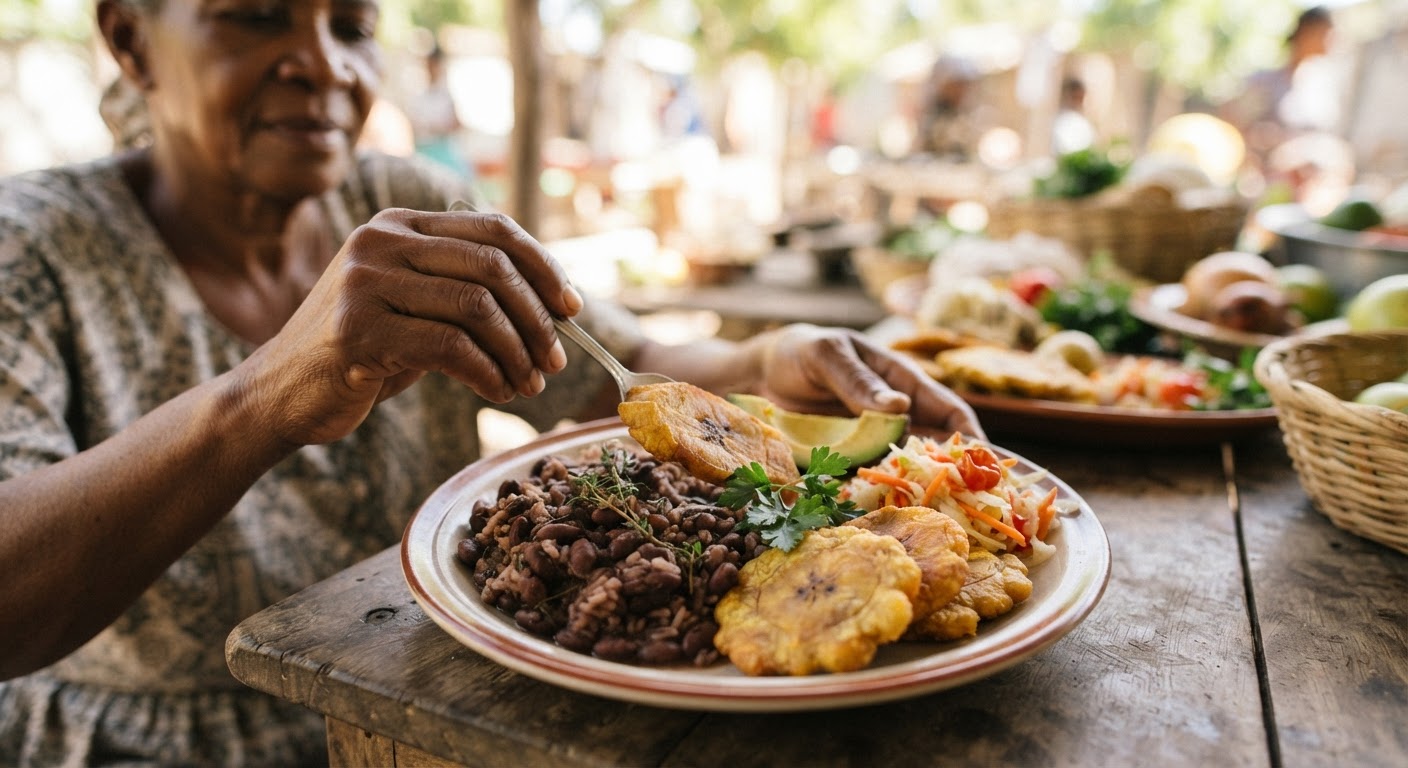 Yon plat tradisyonèl Ayisyen ki montre itilizasyon plantain ak pwa, ki senbolize baz cuisine lokal la.