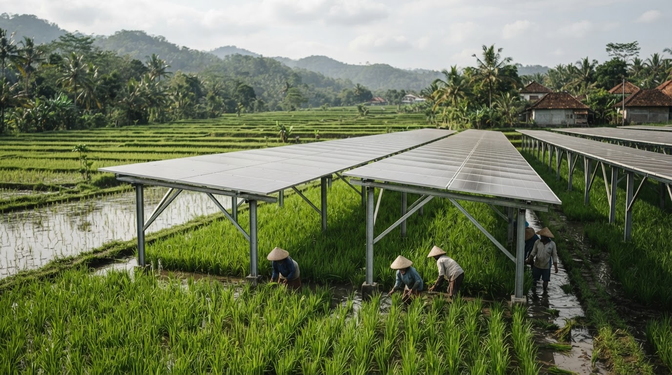 Panel surya terpasang di atas sawah padi di Indonesia, menunjukkan integrasi energi terbarukan dan pertanian.