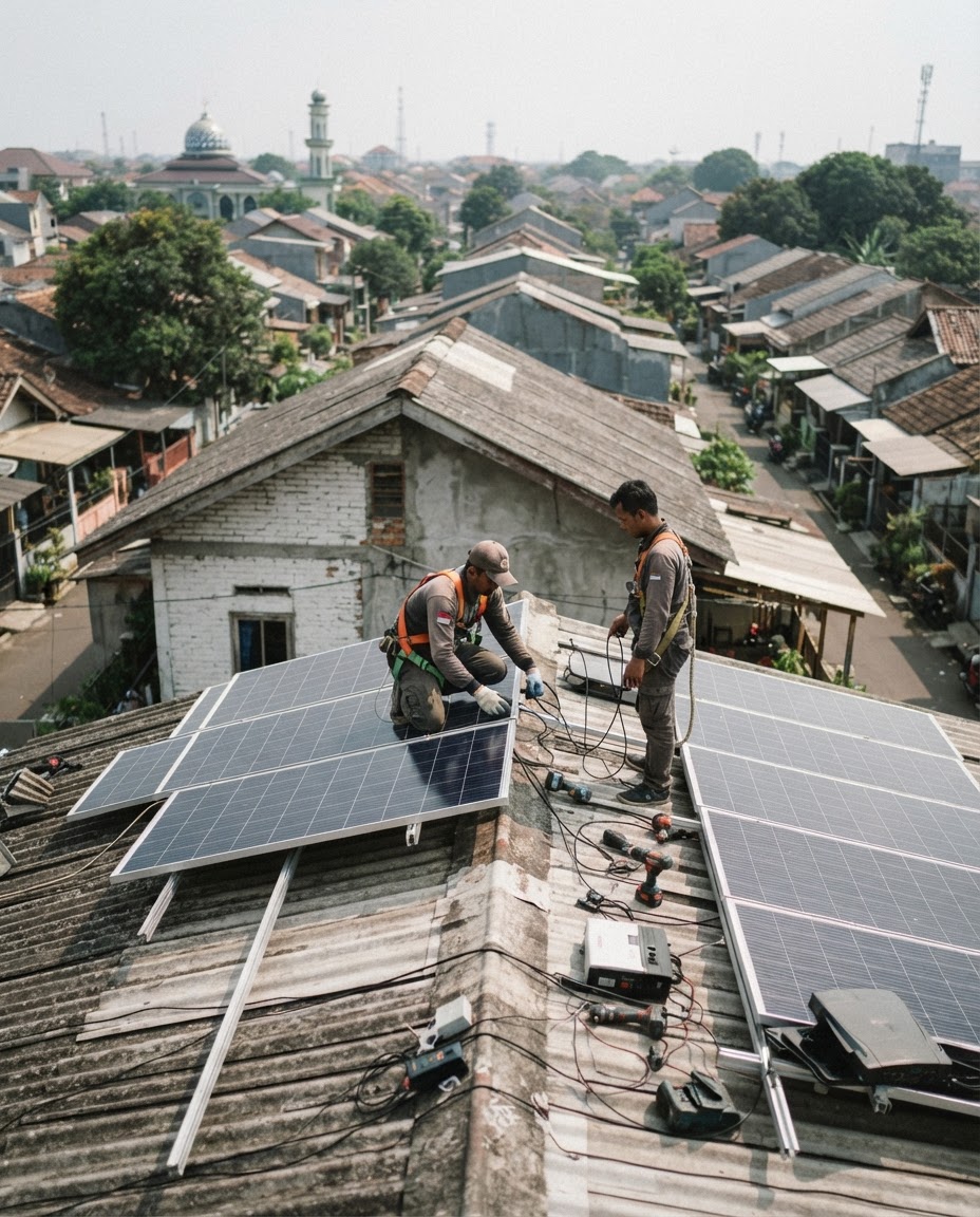 Pemasangan panel surya atap di sebuah rumah tangga di Tangerang, menunjukkan tren pertumbuhan energi surya skala kecil.