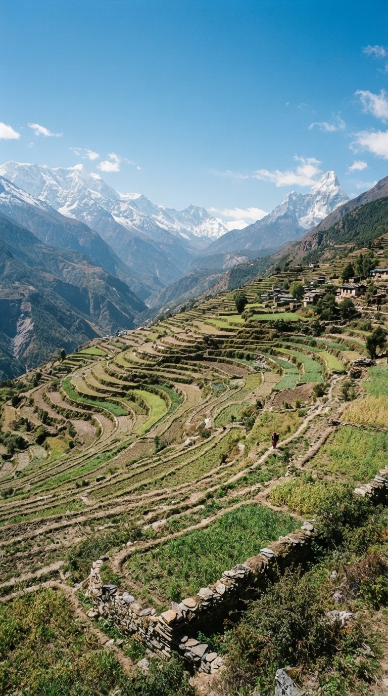 Sweeping view of terraced fields on a steep Himalayan mountainside under a clear blue sky.