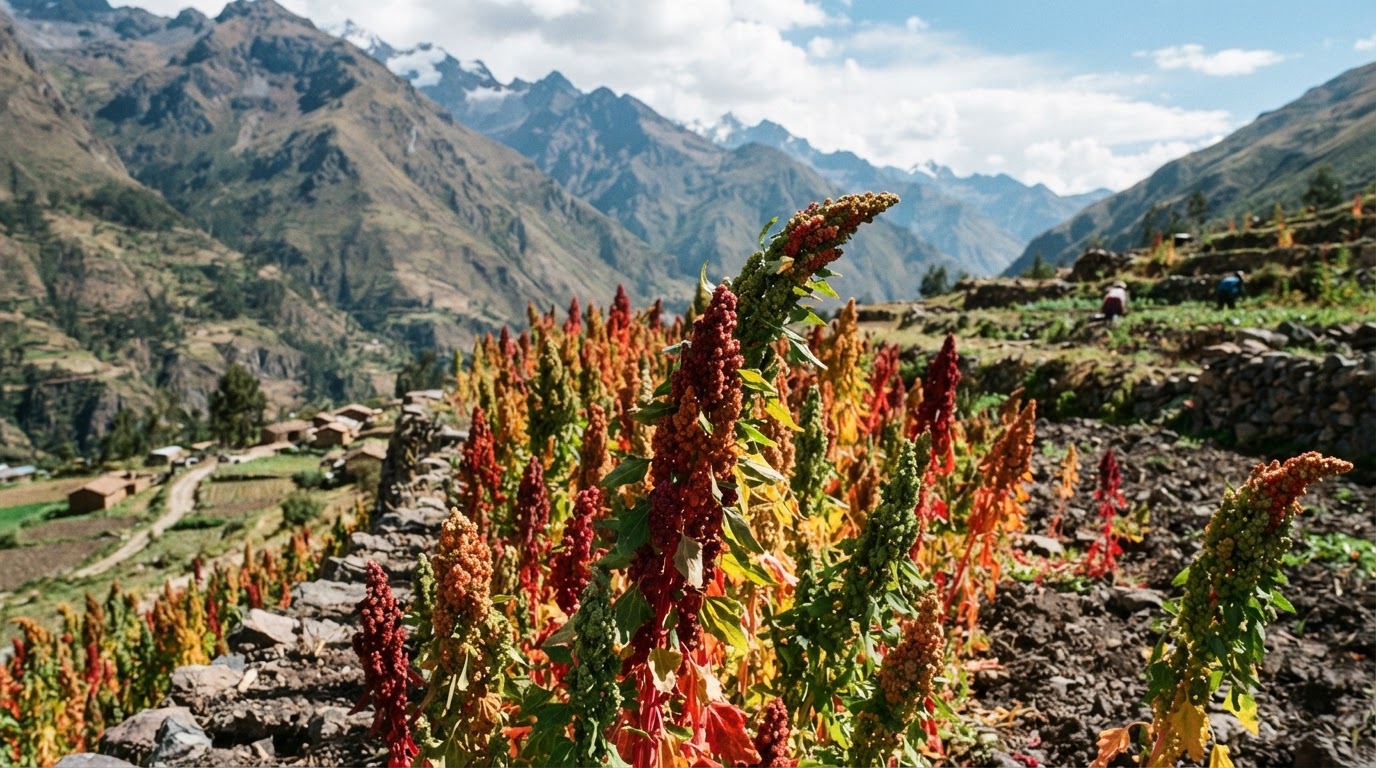 Quinoa plants flourish in the high-altitude agricultural landscapes of the Andes.