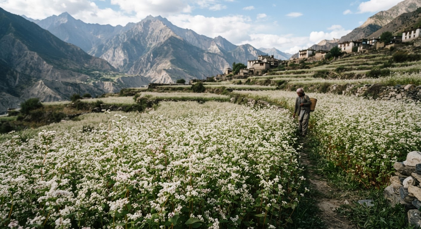 Fields of buckwheat, with their distinctive white flowers, indicate a crop well-suited to cooler climates.
