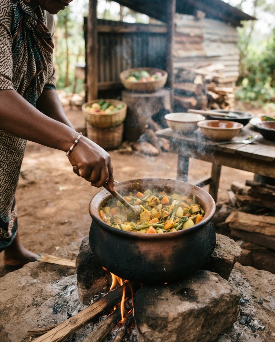 Kuku wa kienyeji akipikwa kwenye chungu cha udongo juu ya moto wa kuni.