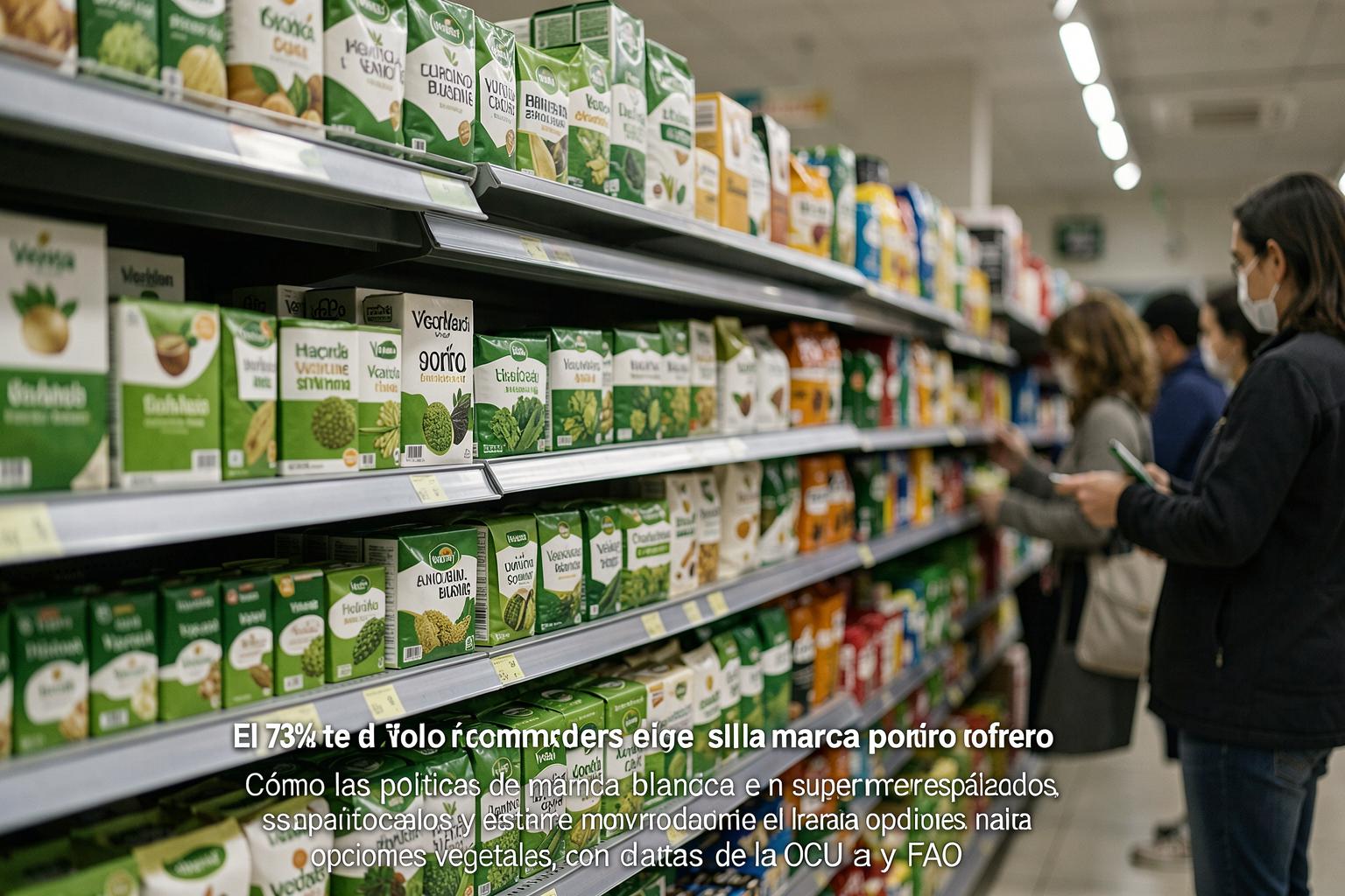 Estante de supermercado con productos veganos de marca blanca, etiquetas verdes y blancas, clientes eligiendo.