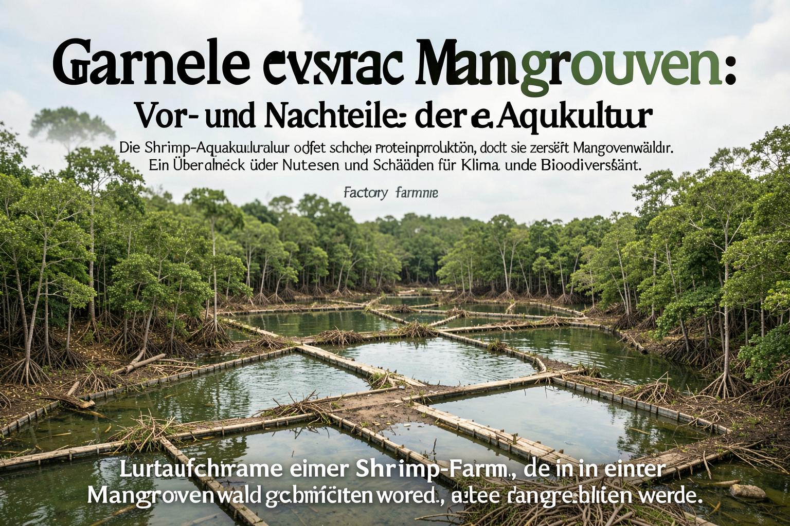 Luftaufnahme einer Shrimp-Farm, die in einen Mangrovenwald geschnitten wurde, mit klaren Wasserbecken und angrenzenden grünen Baumkronen.