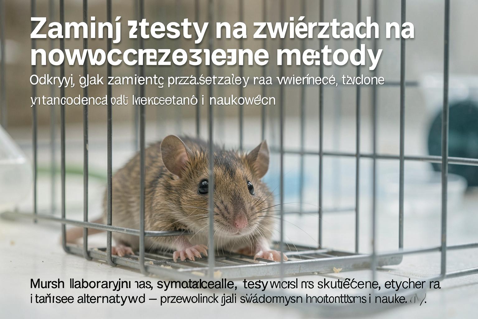 Mysz laboratoryjna w klatce, symbol testów na zwierzętach, obok nowoczesnych metod badawczych