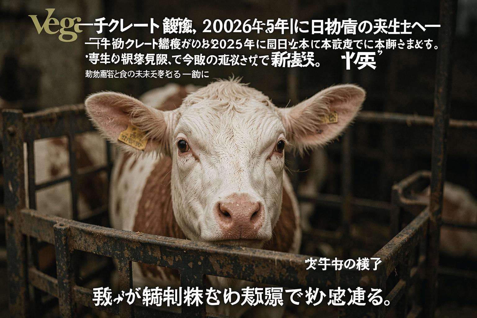 狭いクレートに閉じ込められた子牛の様子。動きが制限され、暗い環境で飼育されている。
