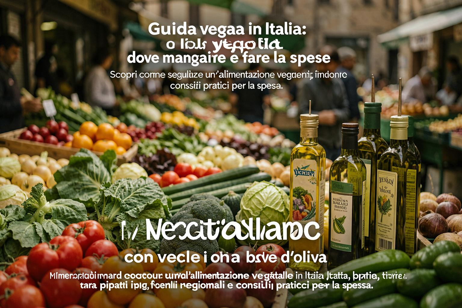 Mercato italiano con verdure fresche e bottiglie di olio d'oliva