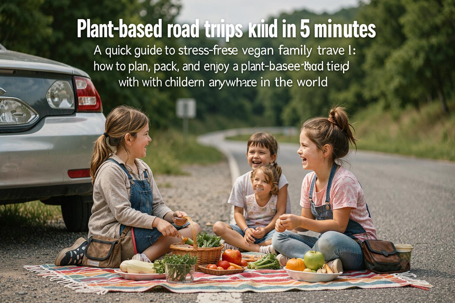 A family enjoying a vegan picnic beside a car on a scenic road trip