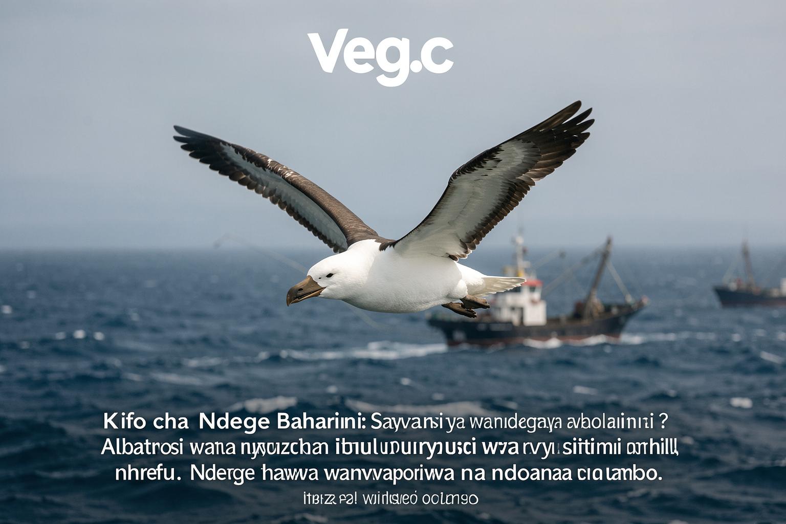 Albatrosi akiruka karibu na meli ya uvuvi wa nyuzi mrefu. Ndege hawa wanavutiwa na ndoana zenye chambo.