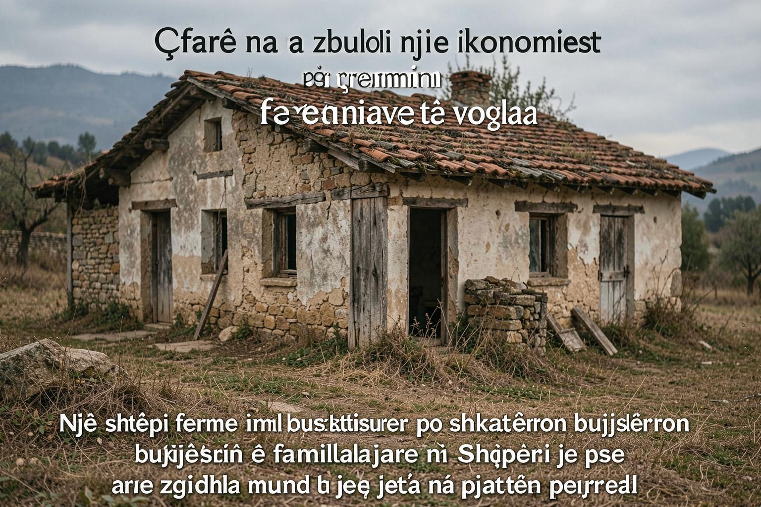 Një shtëpi ferme e braktisur në një fshat malor shqiptar, me ara të thata përreth