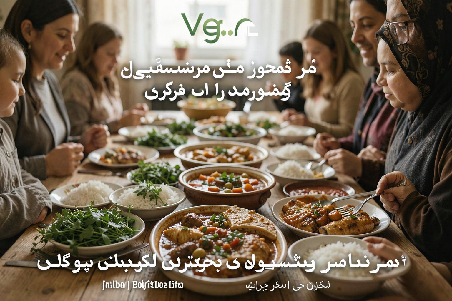 میز مهمانی با غذاهای وگان ایرانی شامل سبزیجات، برنج، خورش و سالاد