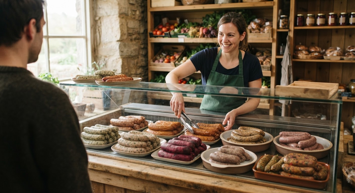 A farm shop counter displaying a variety of artisan vegan sausages.