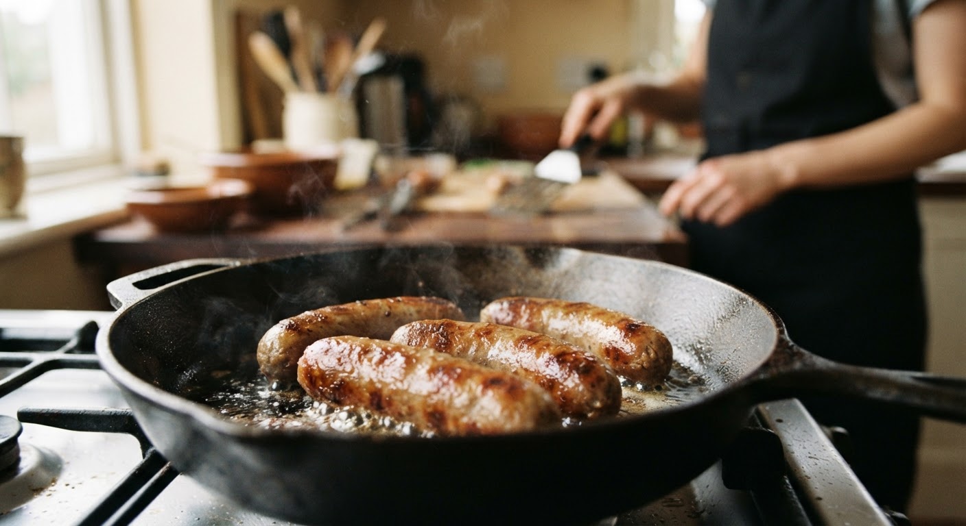Sizzling vegan sausages demonstrate a satisfying texture and colour, dispelling myths of blandness.
