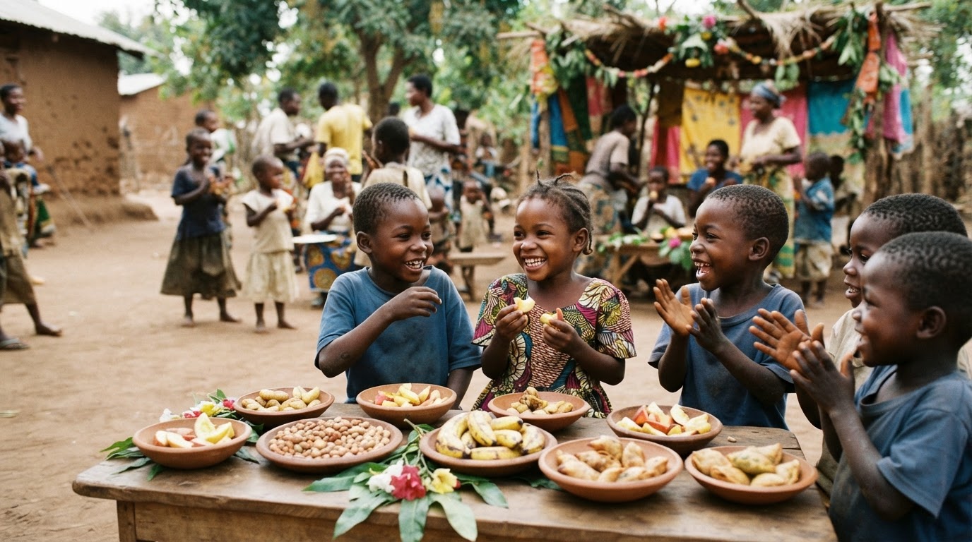 Watoto wakicheza na kula vitafunio vitamu vya mimea kwenye sherehe ya kuzaliwa.