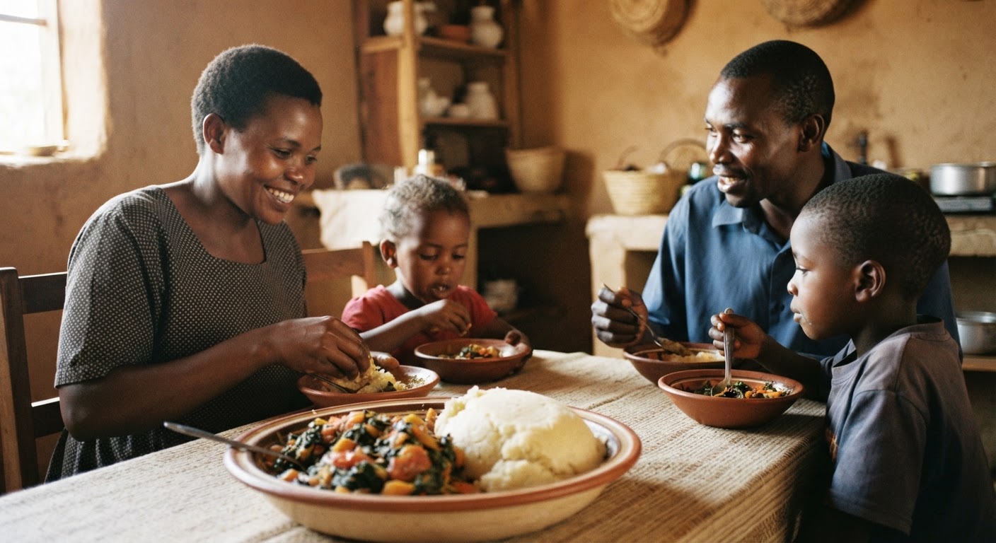 Ugali wenye kitoweo cha mboga za majani, chakula kitamu na chenye afya.