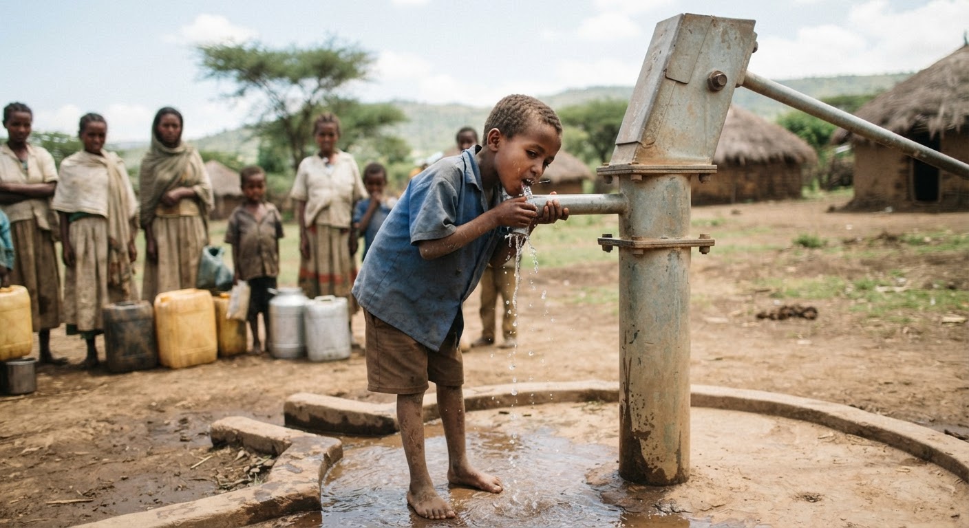 የኢትዮጵያ ልጅ ከጉድጓድ ውሃ እየጠጣ
