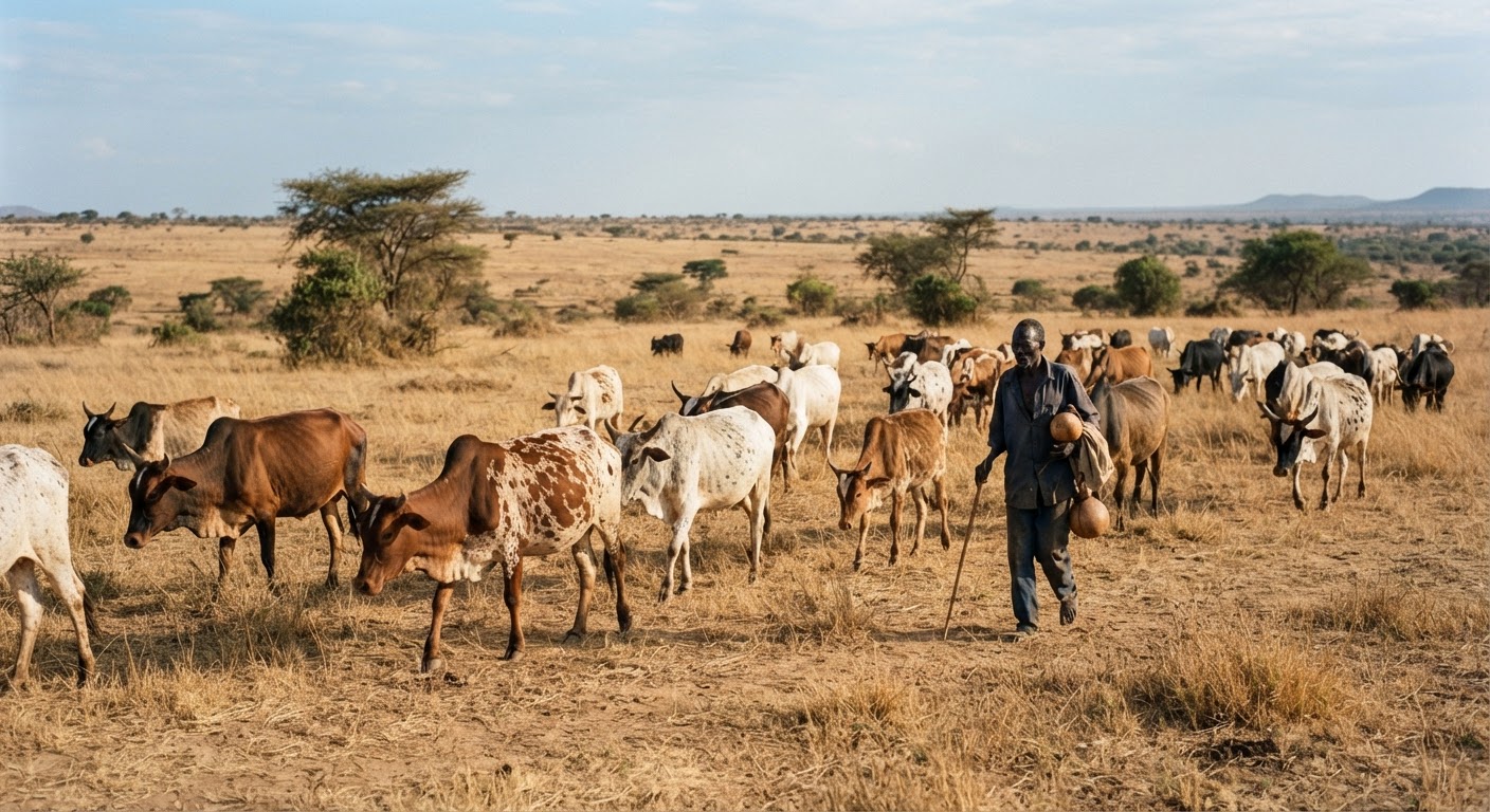 Shanu na kiwo a wurin da ke fama da bushewar kasa, wanda ke nuna tasirin kiwo da samar da abinci ga muhalli.