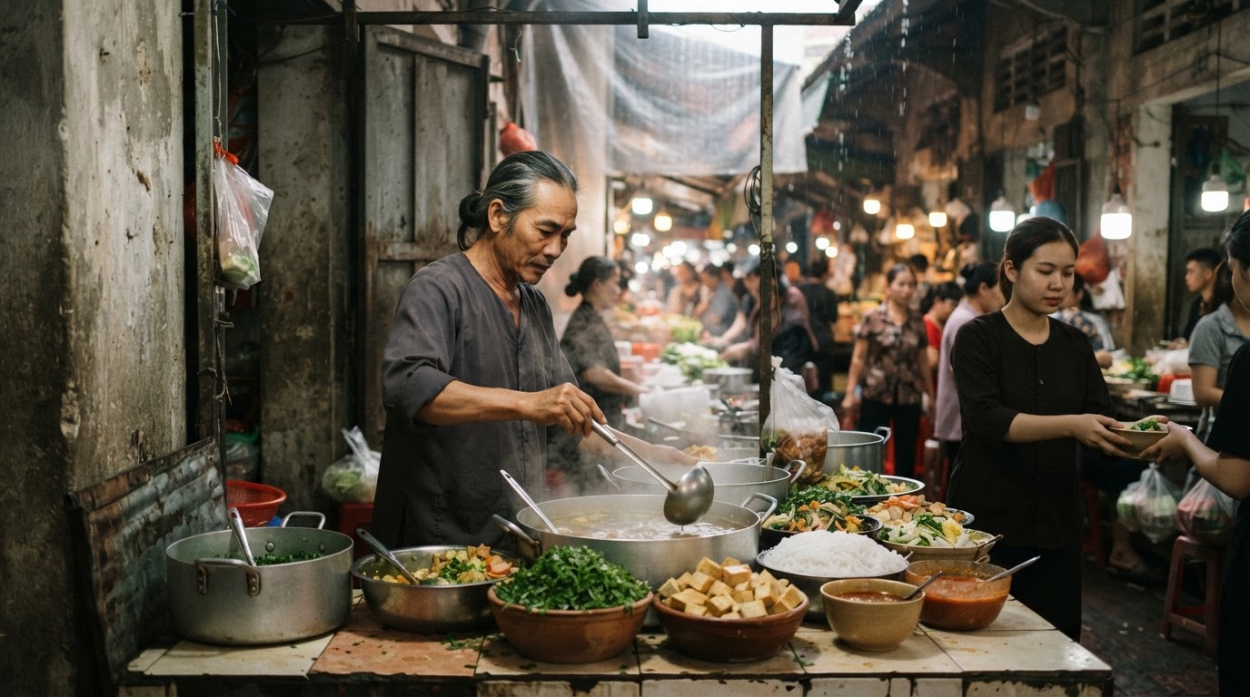 Quầy hàng bán đồ ăn chay đường phố tại Hà Nội