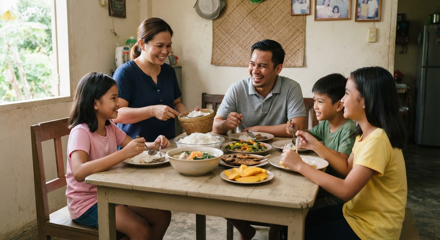 Isang Pilipinong pamilya na masayang kumakain ng masustansyang pagkain sa hapag-kainan.