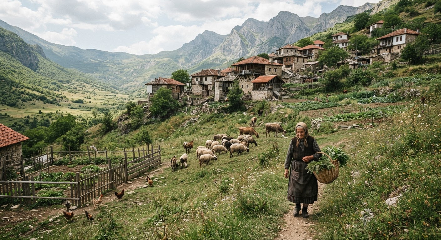 Pamje e një fshati tradicional malor shqiptar me bagëti duke kullotur