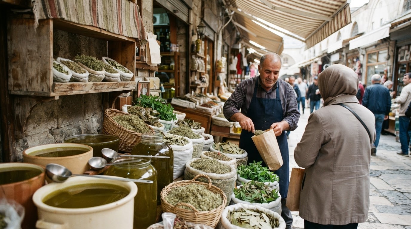 Zeytinyağı ve kurutulmuş otların bulunduğu Türk pazar tezgahı